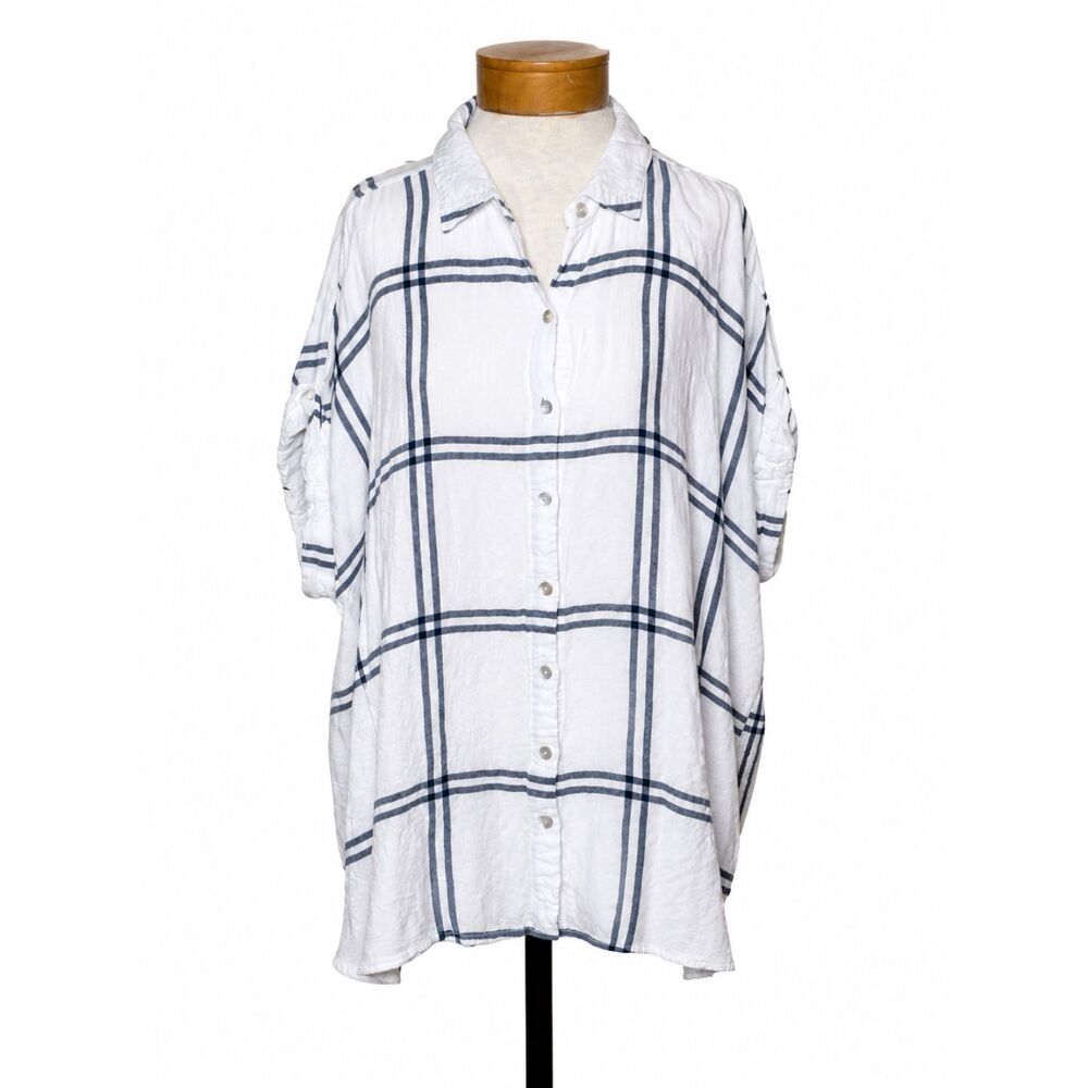 Jane Delancey High Low Plaid Tunic Top Size 1X Stretch Crinkle Lagenlook Shirt